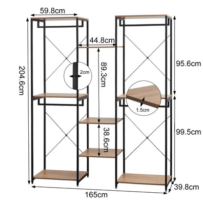 BukkitBow - Grote Kledingkast/ Garderobe Kast - Dubbele Rekken - Inclusief Kledinghaken en Opbergplanken - 165X205X40CM - Zwart met Licht Eikenhout