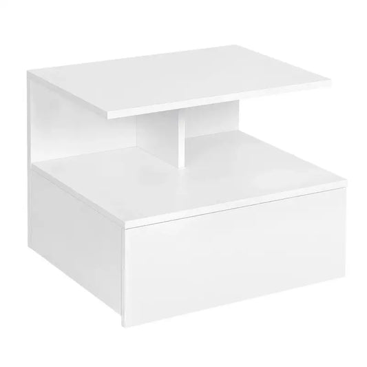 Een witte, minimalistische salontafel met glanzende afwerking en een onderste laag voor opslag, ideaal voor moderne woonkamers. Geschikt als bijzettafel of decoratief meubel in een stijlvolle woonruimte.