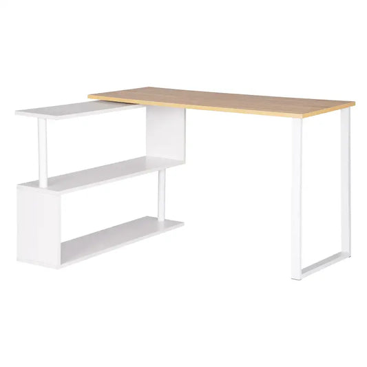 Een moderne hoekwerkplek met licht houten blad en witte metalen onderdelen, inclusief opbergvakken. Ideaal voor thuiswerken of studie, met minimalistisch design en ruimte voor kantoorbenodigdheden.