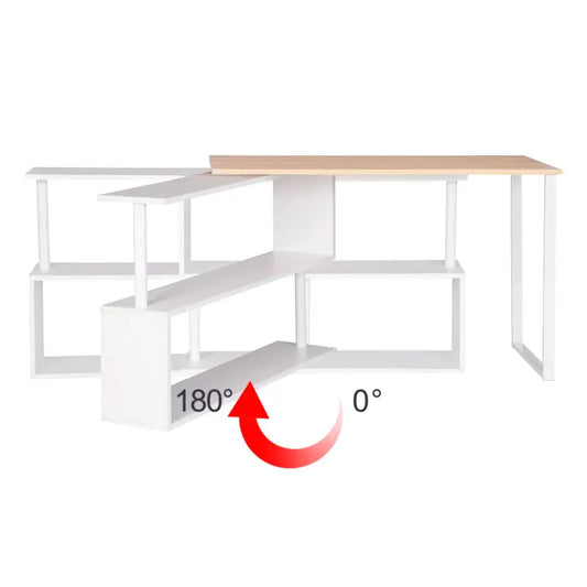 Een moderne hoekwerkplek met licht houten blad en witte metalen onderdelen, voorzien van ingebouwde planken voor organisatie. Ideaal voor thuisbureau of kantoorruimte met minimalistische stijl.