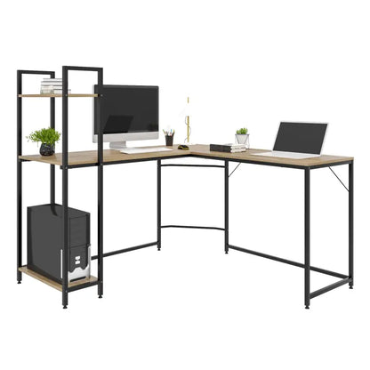 BukkitBow - Hoekbureau met Opbergvakken - Spaanplaat en Stalen Buizen - Licht Eiken en Zwart - 138x50cm en 88x50cm