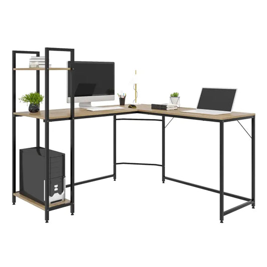 Een L-vormige werkplek met houten blad en zwart metaalframe, uitgerust met een monitor, laptop, planten en een computer. Ideaal voor thuisbureau of gaming setup.