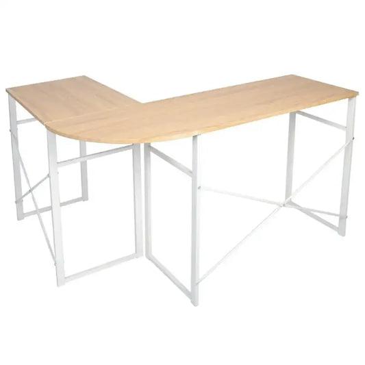 Een L-vormige houten werkplek met witte metalen poten, voorzien van een laptop en een magazinehouder, ideaal voor thuisbureau of kantoorwerkplek.