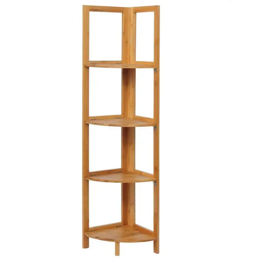 Een lichtgekleurd houten hoekboekenkast met vijf verdiepingen, geschikt voor kleine ruimtes. Perfect voor het opbergen van boeken of decoratieve items in een hoek.