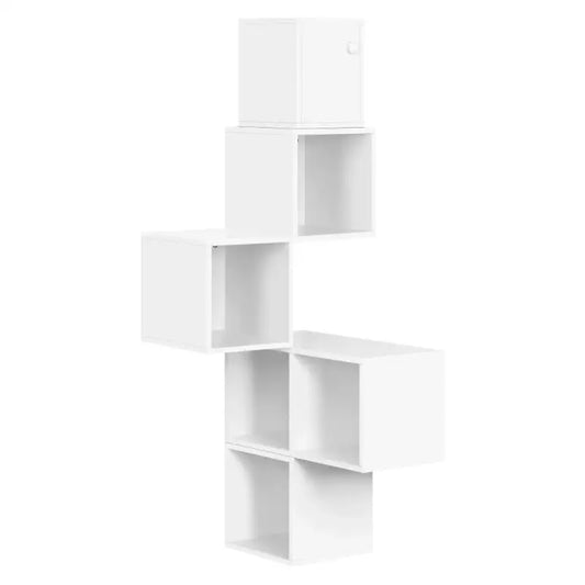 Een witte, modulair opstelbare wandkast met kubusvormige vakken, geschikt voor moderne woonruimtes. Ideaal voor minimalistisch interieur en opslag in slaapkamer of woonkamer.