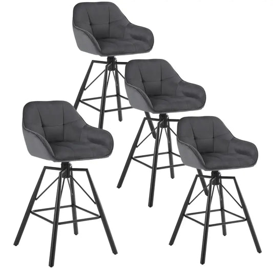 Grijze, gepolsterde barstoelen met zwart metaalframe, geschikt voor moderne keukens of bars. Zichtbare stoffen bekleding en draaibare zittingen voor comfort.