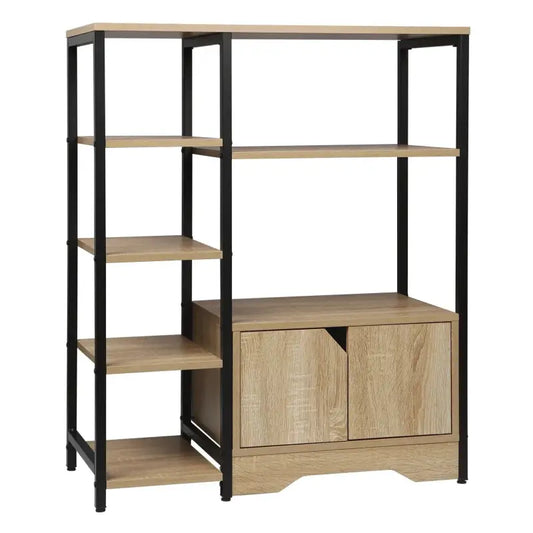 Een licht eikenkleurige boekenkast met zwarte metalen frame en vier open planken, voorzien van twee deurtjes met houtstructuur. Ideaal voor woonkamer of slaapkamer als opslagmeubel.