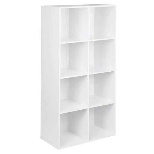 Een witte, minimalistische kubusboekenkast met negen vakken, geschikt voor moderne woon- of kantoorruimtes. Ideaal voor het opbergen van boeken, decoraties of kleinere items in een stijlvolle, functionele manier.