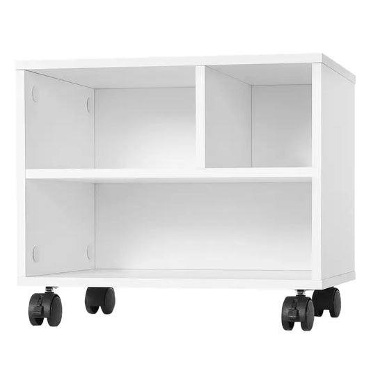 Een witte, mobiele opbergkast met zwarte wielen en twee vakken, geschikt voor kantoor- of woonruimte. Ideaal voor flexibel opslaan van kantoorbenodigdheden of persoonlijke spullen.