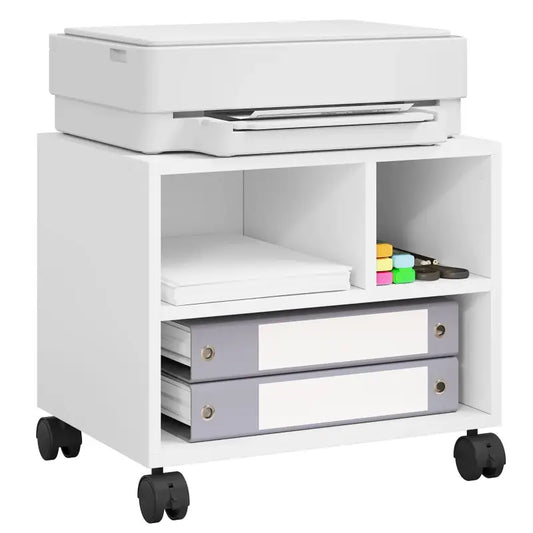 Een witte, mobiele opbergkast met zwarte wielen en twee vakken, geschikt voor kantoor- of woonruimte. Ideaal voor flexibel opslaan van kantoorbenodigdheden of persoonlijke items.