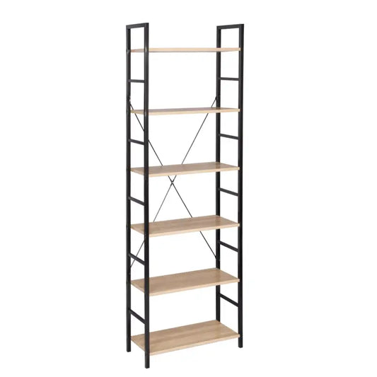 Een hoge, zwarte metalen boekenkast met licht houten planken en diagonale steunen, geschikt voor moderne woonkamer- of kantoorinrichting. Ideaal voor boeken, decoratie of archiefopslag in een minimalistisch interieur.