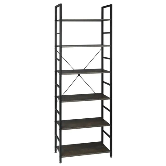 Een hoog, zwart metalen boekenkast met lichte houten planken en diagonale steunen, ideaal voor moderne woonkamer of kantoorruimte. Perfect voor het opbergen van boeken, decoraties of archiefmateriaal.