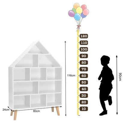 BukkitBow - Huisvormige Kinderboekenkast - Sterk Grenenhout - 11 Vakken - 80x116x24cm