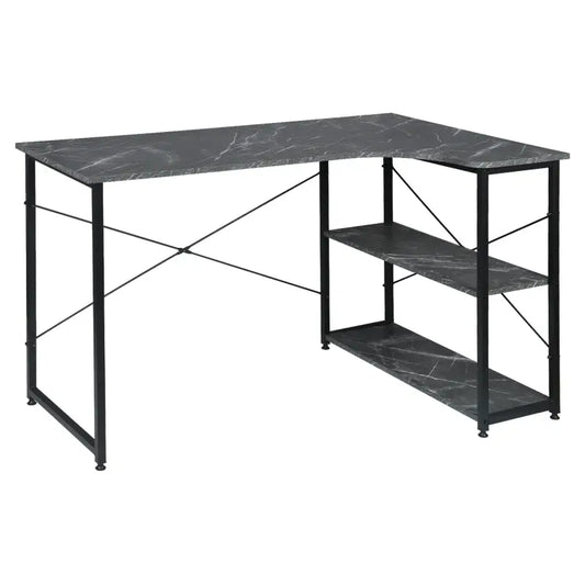 Een hoektafel met donkergrijze marmeren blad en zwart metalen frame, voorzien van twee ondersteunende planken. Ideaal voor moderne kantoor- of studieomgevingen met stijlvolle functionaliteit.