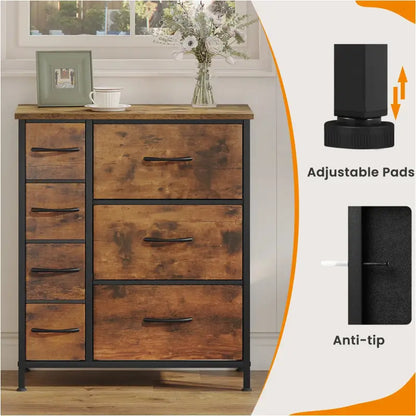 BukkitBow - Industrieel Dressoir met 7 Stoffen Lades - Hout/Metaal/Stof - 63.5x30x73 cm - Veelzijdige Opslagoplossing - Rustiek Bruin/Zwart
