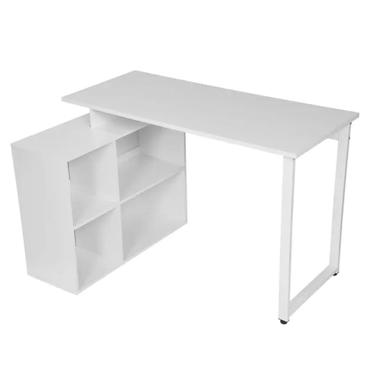 Een witte, moderne schrijftafel met ingebouwde opbergvakken en metalen poten, geschikt voor thuiswerken of kantoor. Ideaal voor een minimalistische werkruimte met ruimte voor boeken en kantoorbenodigdheden.