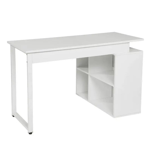 Een witte, moderne schrijftafel met opbergvakken, geschikt voor thuiswerken of kantoor. De tafel heeft een glad oppervlak en verstelbare poten voor comfortabel gebruik.