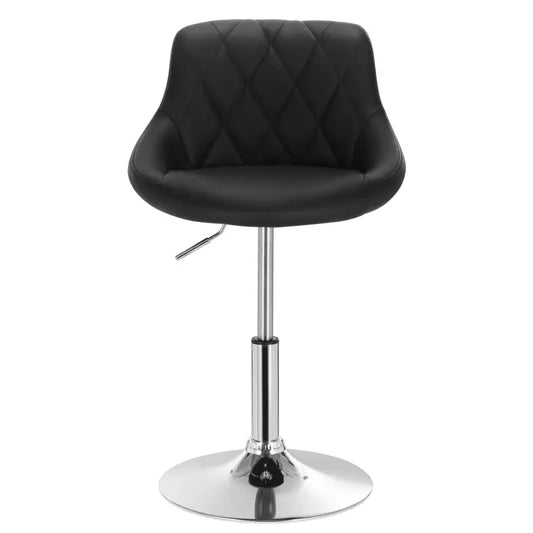 Zwarte, gestoffeerde barstoel met diamantstiksel en glanzende chromen poten, uitgerust met een verhoogbare zitting voor comfortabele gebruik in keuken of bar.