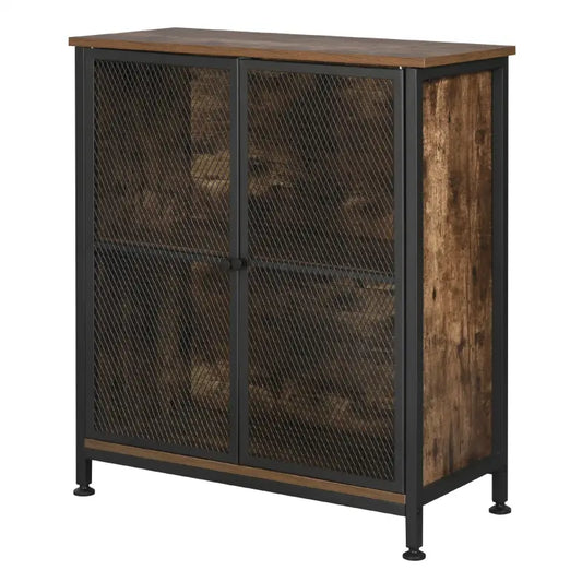Een industriële opbergkast met houten bovenkant en zijkanten, zwarte metalen frame en mesh-deuren. Geschikt voor keukenopslag of woonkamerdecoratie met een vintage industrieel look.