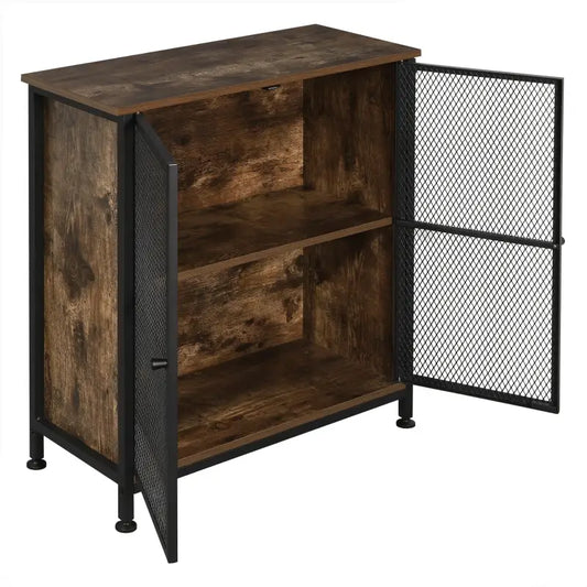 Een industriële opbergkast met houten bovenkant en zijpanelen, zwarte metalen frame en mesh-deuren. Geschikt voor woonkameropslag of kantoorruimte met een vintage-industrieel design.