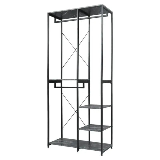 Een hoge, industriële kledingkast met donker houten planken en zwart metaalframe, gevuld met hangende shirts en opgevouwen kleding. Ideaal voor kleine ruimtes of als opbergruimte in een slaapkamer.