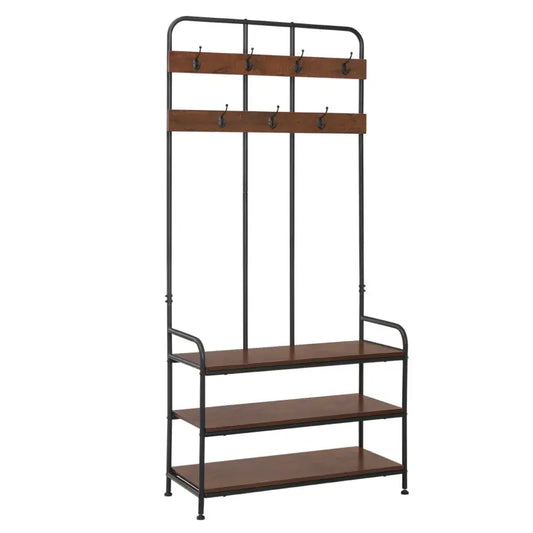 Een houten en zwart metalen entryway organizer met hangende accessoires en gestapelde kledingstukken. Ideaal voor woonkamer of hal, met ruimte voor jassen, schoenen en handtassen.