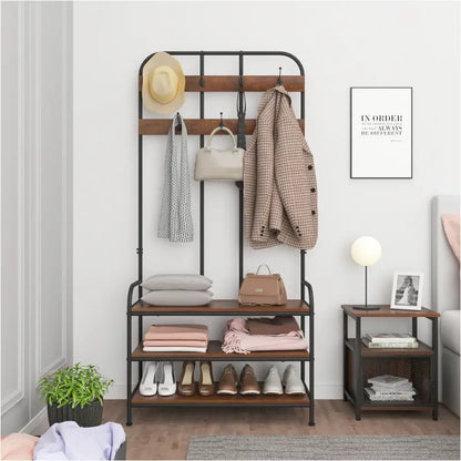 BukkitBow - Industriële Kapstok Met Schoenenrek - 7 Haken voor Jassen / Sjaals en Hoeden – Garderobe Organizer - 84X180X36CM