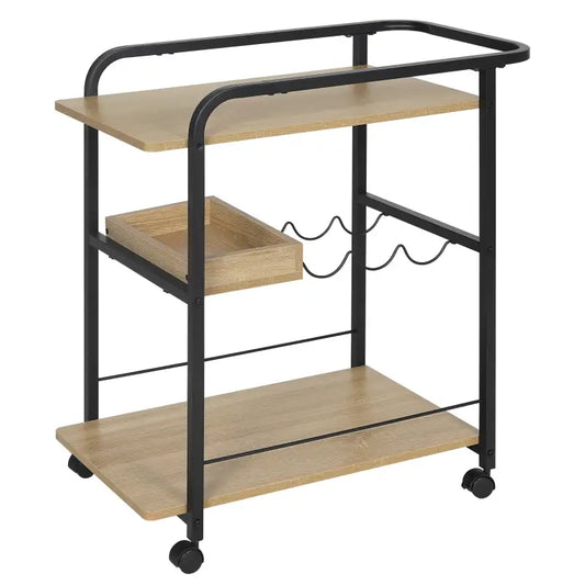 Een zwart metalen barwagen met houten planken, inclusief een wijnrek en een opbergvak, geschikt voor huiselijke of professionele bar-gebruik. Mobiele barwagen met wielen voor gemakkelijke verplaatsing.