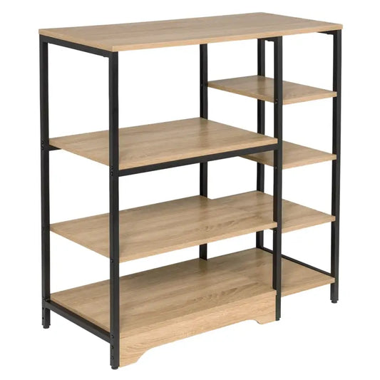 Een moderne, lichtbruine houten boekenkast met zwarte metalen frame en vijf planken, geschikt voor woonkamer of kantoor. Ideaal voor opslag van boeken, decoratie of archiefmateriaal.