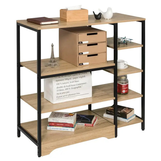 Een moderne, lichtbruine houten boekenkast met zwarte metalen frame en vijf planken, geschikt voor woonkamer of kantoor. Ideaal voor boeken, decoratie of archiefopslag in een minimalistisch interieur.
