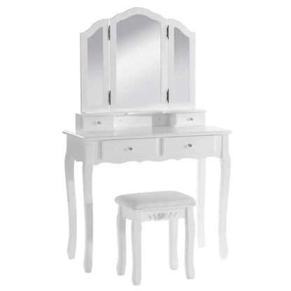 BukkitBow - Kaptafel / Cosmetische Tafel met 3-Delige Spiegel en met 4 Lades - Kaptafel / Make-up Tafel - (90x145x40cm) Inclusief Kruk