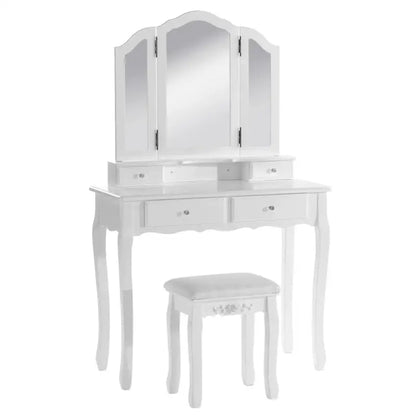 BukkitBow - Kaptafel / Cosmetische Tafel met 3-Delige Spiegel en met 4 Lades - Kaptafel / Make-up Tafel - (90x145x40cm) Inclusief Kruk