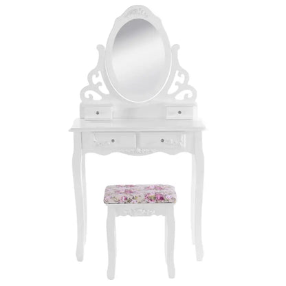BukkitBow - Kaptafel / Cosmetische Tafel met Spiegel met 4 Lades - Kaptafel / Make-up Tafel - (75x139x40cm) Inclusief Kruk
