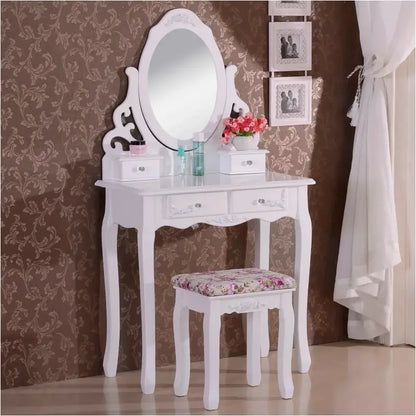 BukkitBow - Kaptafel / Cosmetische Tafel met Spiegel met 4 Lades - Kaptafel / Make-up Tafel - (75x139x40cm) Inclusief Kruk