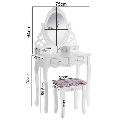 BukkitBow - Kaptafel / Cosmetische Tafel met Spiegel met 4 Lades - Kaptafel / Make-up Tafel - (75x139x40cm) Inclusief Kruk