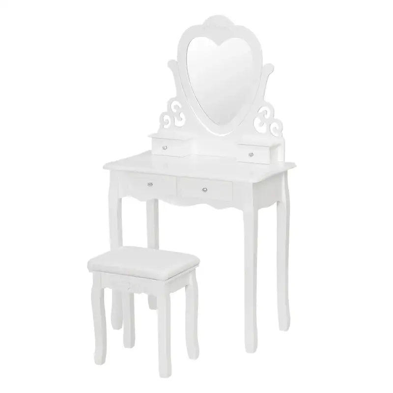 BukkitBow - Kaptafel / Make-up Tafel met Kruk en Hart Spiegel – Tafel met 2 Grote en 2 Kleine Laden - Inclusief Stoel / Kruk - 140X75X40CM