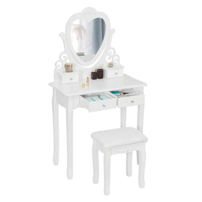 BukkitBow - Kaptafel / Make-up Tafel met Kruk en Hart Spiegel – Tafel met 2 Grote en 2 Kleine Laden - Inclusief Stoel / Kruk - 140X75X40CM