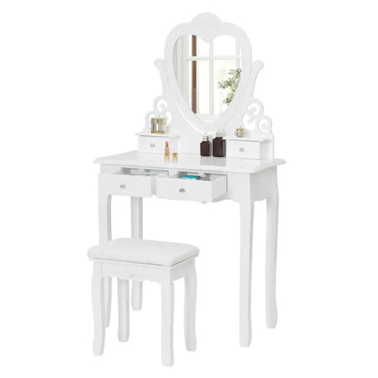 BukkitBow - Kaptafel / Make-up Tafel met Kruk en Hart Spiegel – Tafel met 2 Grote en 2 Kleine Laden - Inclusief Stoel / Kruk - 140X75X40CM