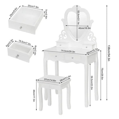 BukkitBow - Kaptafel / Make-up Tafel met Kruk en Hart Spiegel – Tafel met 2 Grote en 2 Kleine Laden - Inclusief Stoel / Kruk - 140X75X40CM