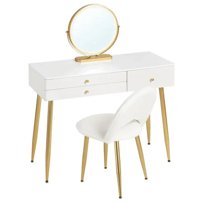 BukkitBow - Kaptafel / Make-up Tafel met LED Verlichting – Tafel met 3 Grote laden - Met Ronde LED Spiegel – Inclusief Stoel / Kruk - 100X80X40CM