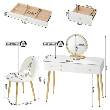 BukkitBow - Kaptafel / Make-up Tafel met LED Verlichting – Tafel met 3 Grote laden - Met Ronde LED Spiegel – Inclusief Stoel / Kruk - 100X80X40CM