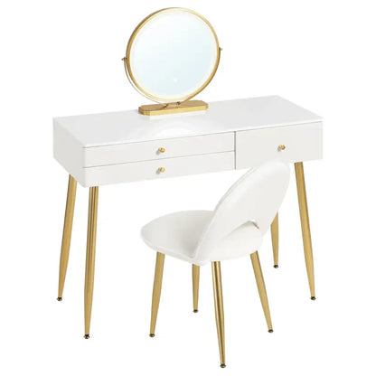 BukkitBow - Kaptafel / Make-up Tafel met LED Verlichting – Tafel met 3 Grote laden - Met Ronde LED Spiegel – Inclusief Stoel / Kruk - 100X80X40CM