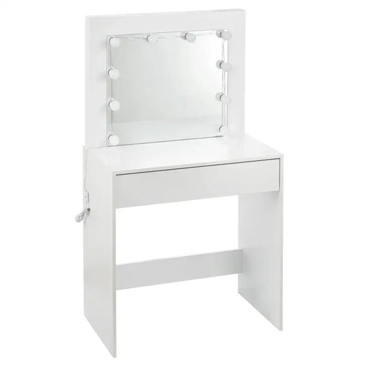 Een witte make-up tafel met een spiegel omlijst door twaalf zacht gloeiende lampjes en een lade voor opbergen. Ideaal voor make-up aanbrengen of nagelverzorging in een moderne kamer.