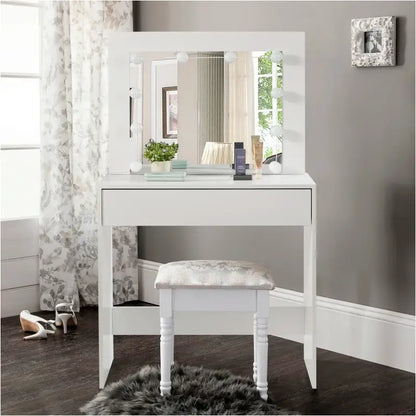 BukkitBow - Kaptafel met Grote Spiegel en LED Verlichting - MDF Vezelplaat E1 - Ruime Opslag - 80x40x140cm