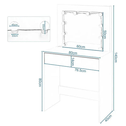 BukkitBow - Kaptafel met Grote Spiegel en LED Verlichting - MDF Vezelplaat E1 - Ruime Opslag - 80x40x140cm