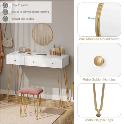 BukkitBow - Kaptafel met Krukje en Spiegel - Met Gouden Poten - 100x40x80cm