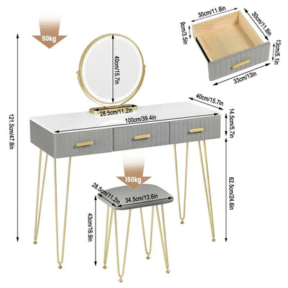 BukkitBow - Kaptafel Set met LED Spiegel en Kruk - Stevig Hout met Fluweel - Goude Details - 100x121.5x40cm