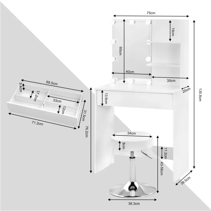 BukkitBow - Kaptafel Set - Verstelbare Kruk - LED Verlichting - Inclusief Spiegel
