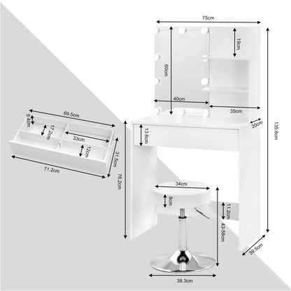 BukkitBow - Kaptafel Set - Verstelbare Kruk - LED Verlichting - Inclusief Spiegel