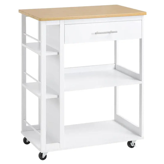 Een witte keukengereedschapskar met houten blad en een lade met zilveren handgrepen. Deze mobiele werkbank heeft meerdere planken en wielen voor gemakkelijke verplaatsing in de keuken.